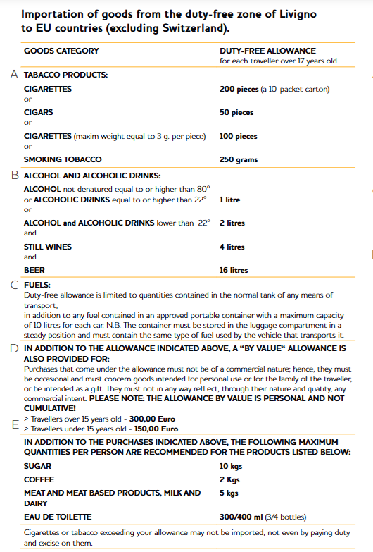 Tabla Impuestos Livigno